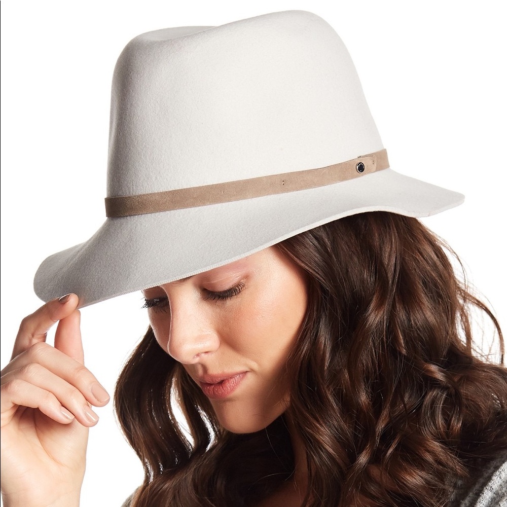 NWT Rag & Bone Off White Wool Wide Brim Floppy Fedora Tan Leather Hatband Large